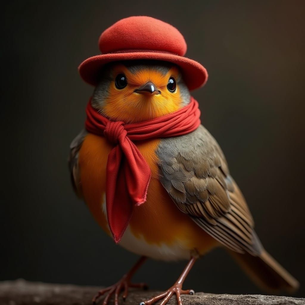 Proud Robin in Red Hat: Art Nouveau Portrait