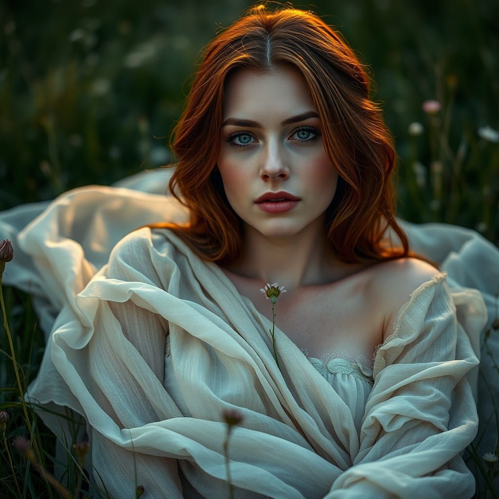 Slavic Woman in Summer Meadow at Twilight