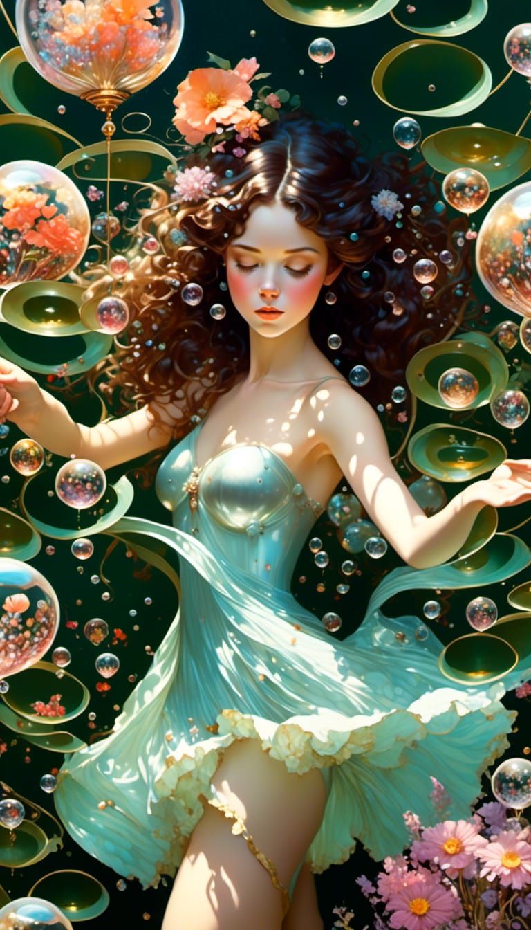 Glass Bubble Girl with Flowers in Art Nouveau Style