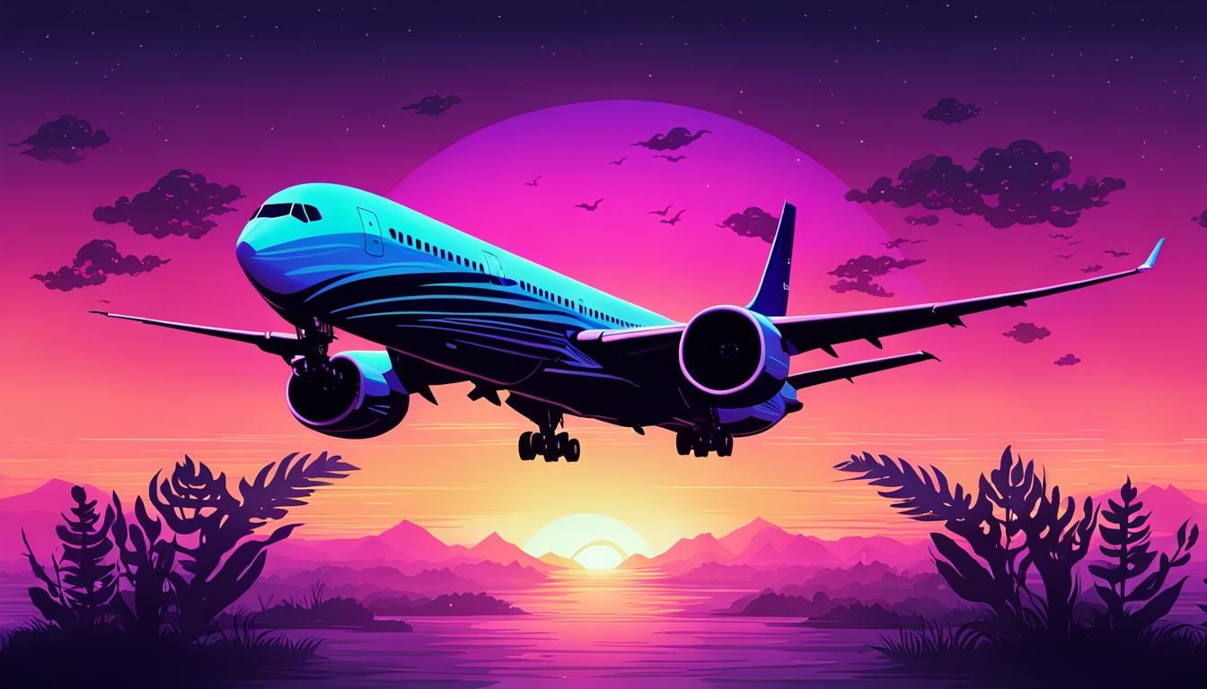Boeing 787 Silhouette at Alien Sunset in Retrowave Style