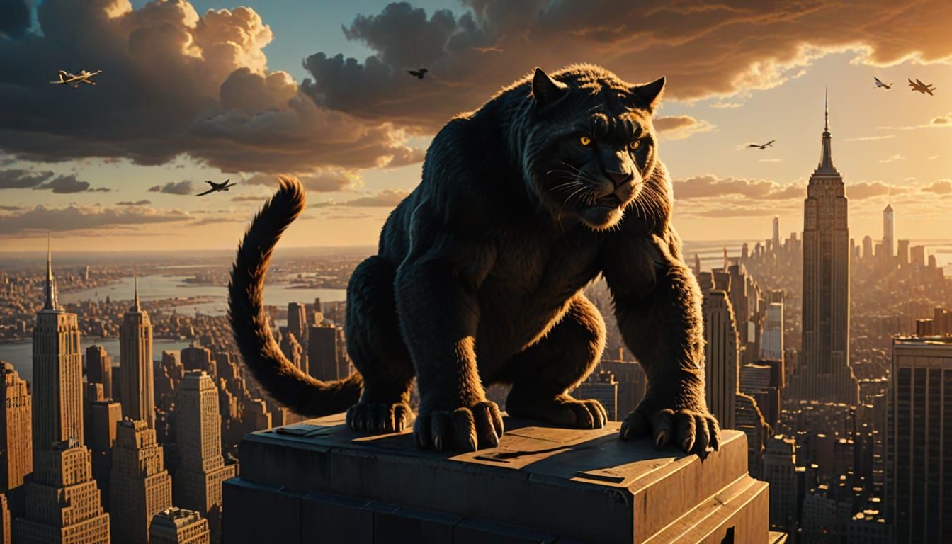 A giant cat climbing the Empire State Building as in King Ko...