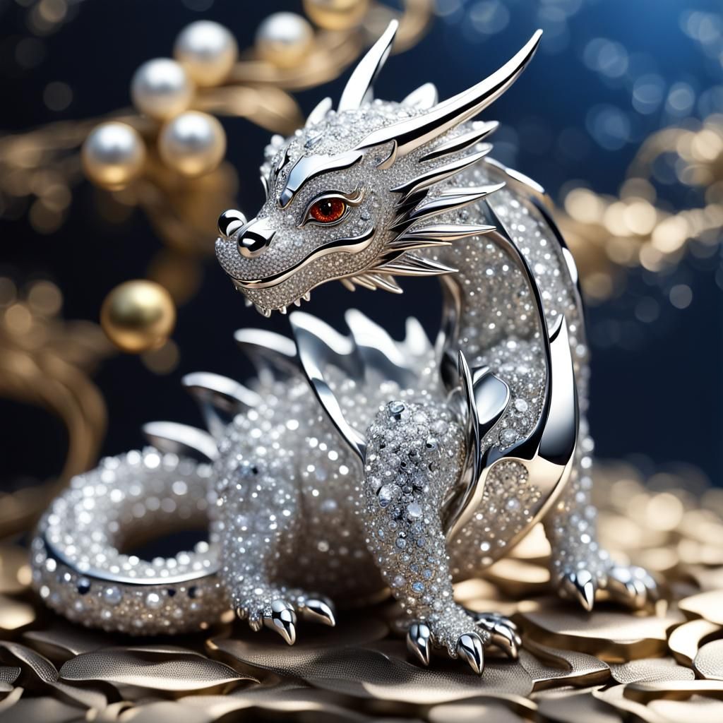 Sparkling Silver Chibi Dragon in Jewelry Setting