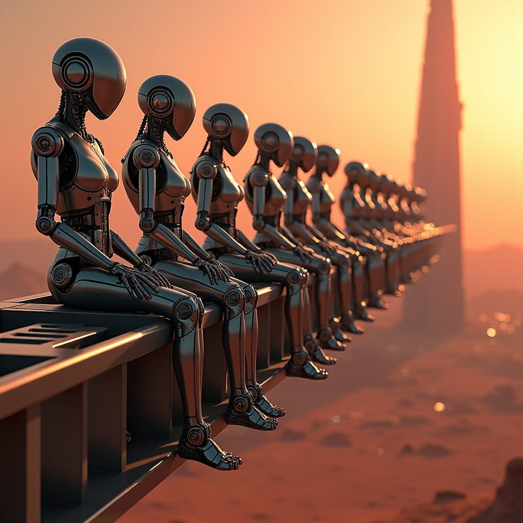 Robots Building Skyscraper on Mars in Cyberpunk Style