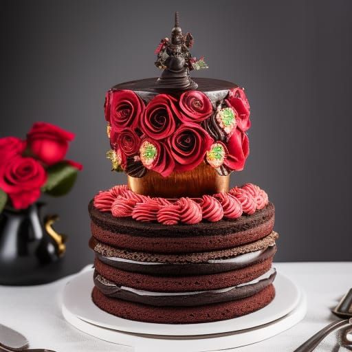 Detailed Chocolate Birthday Cake with Roses Photo