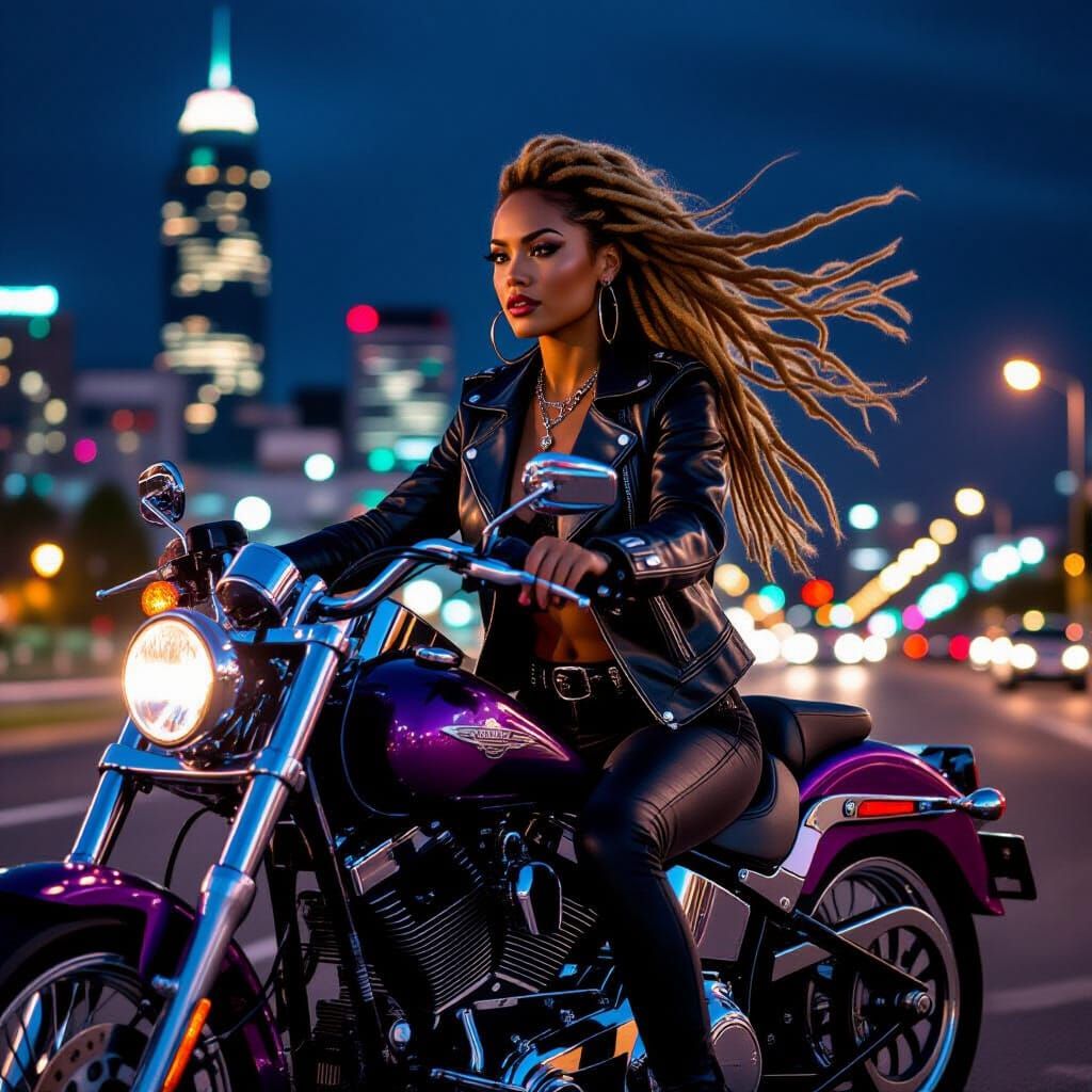 Maori Woman on Harley Davidson Chopper at Night