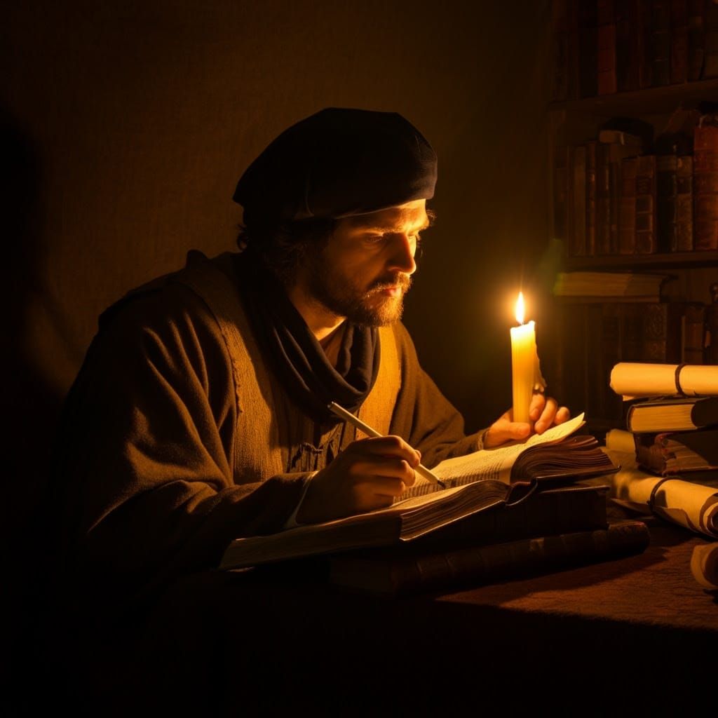 Scholar Contemplating Scripture in Warm Golden Light