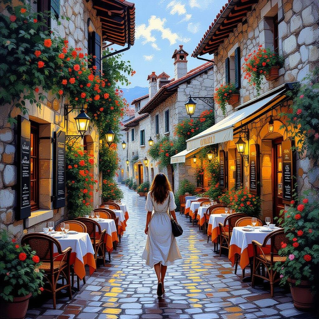 Cobblestone Street Scene in Impressionist Style