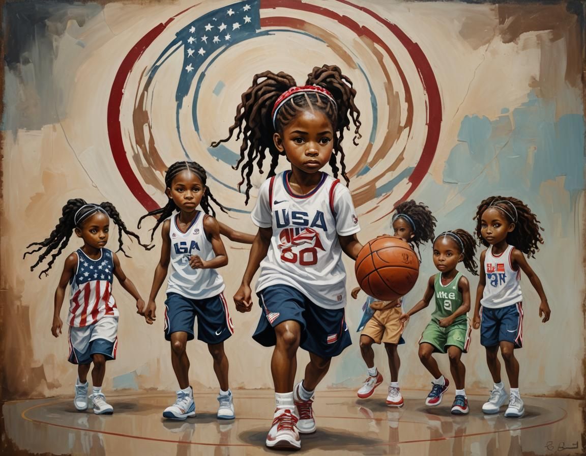 Whimsical Oil Painting: Girl on Olympic Basketball Team