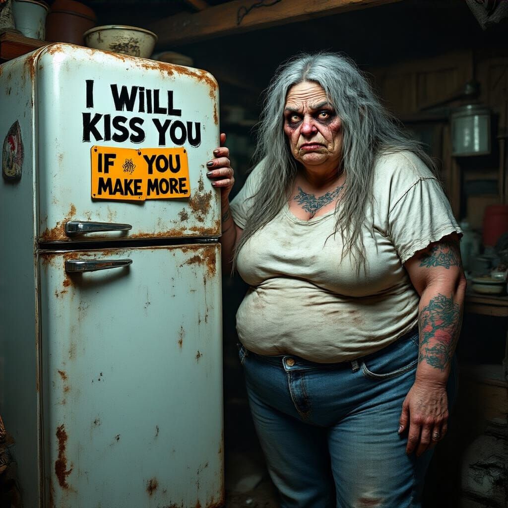 Hillbilly Woman Leaning on a Decrepit Refrigerator