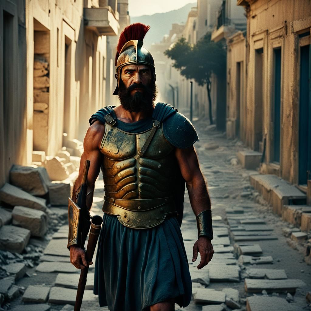 Spartan Soldier in Ancient Athens: Cinematic Film Still