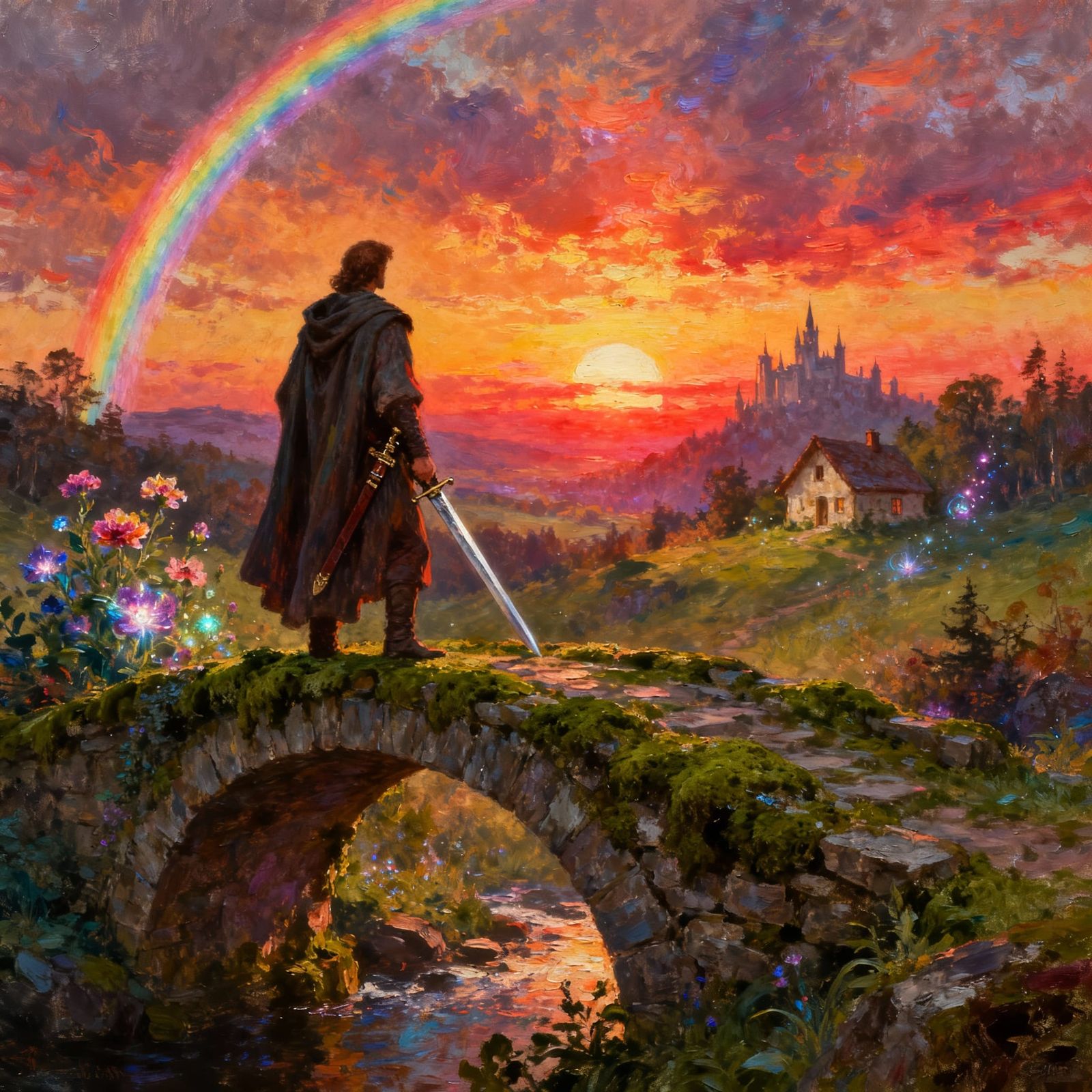Mystical Sunset Over Ancient Bridge with Rainbow