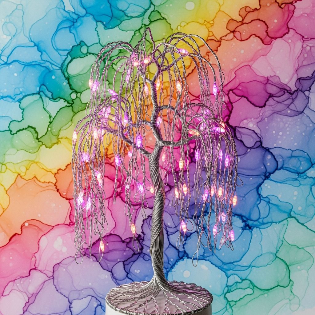 Silver Wire Weeping Willow Sculpture in Alcohol Ink Style