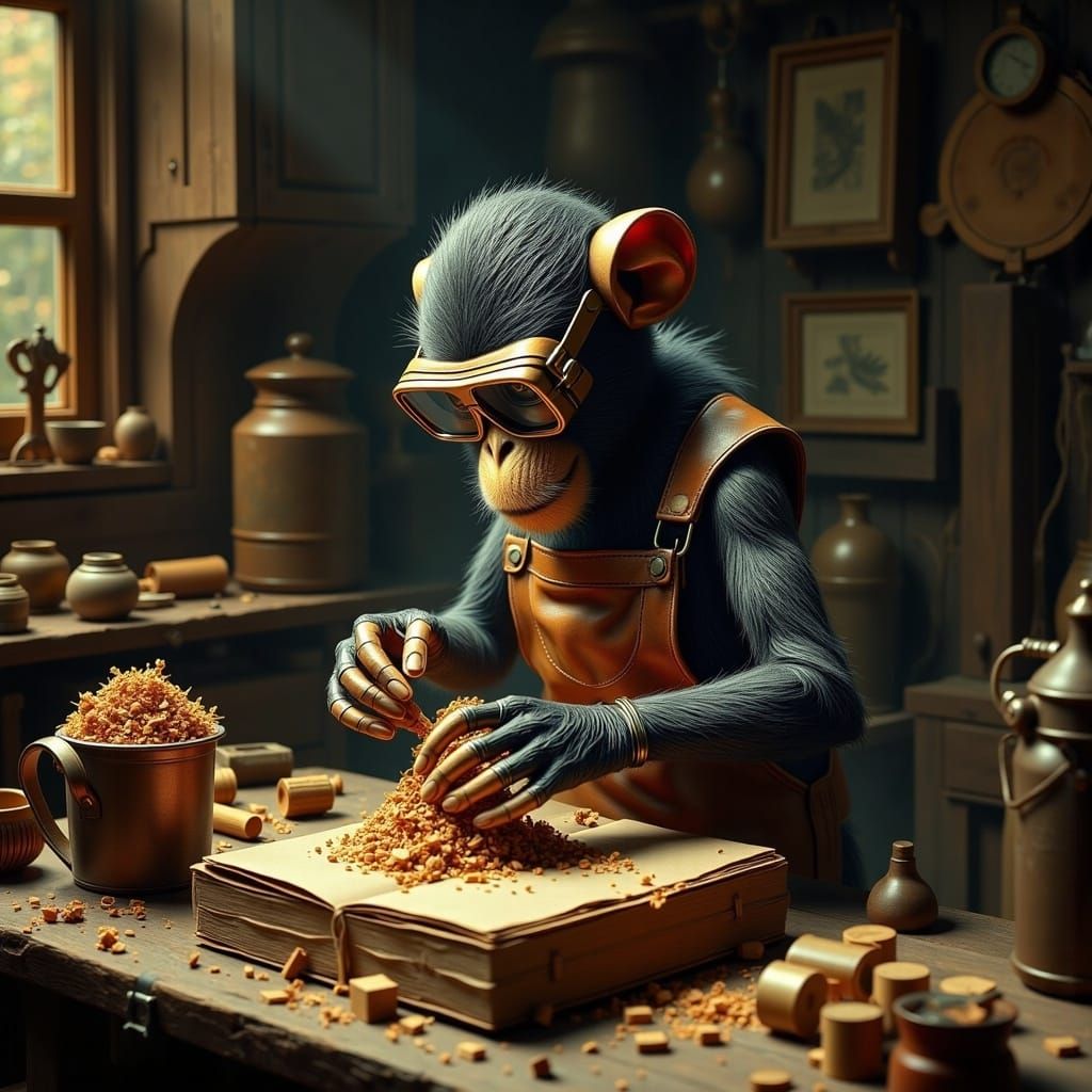 Monkey Artisan in Woodworking Shop, Impressionistic Style