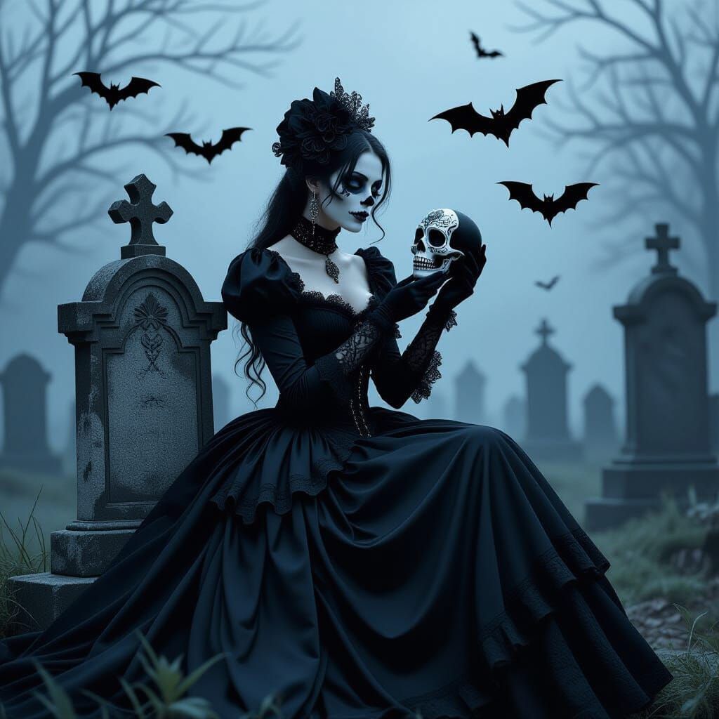 Gothic Lady with Skull in Graveyard