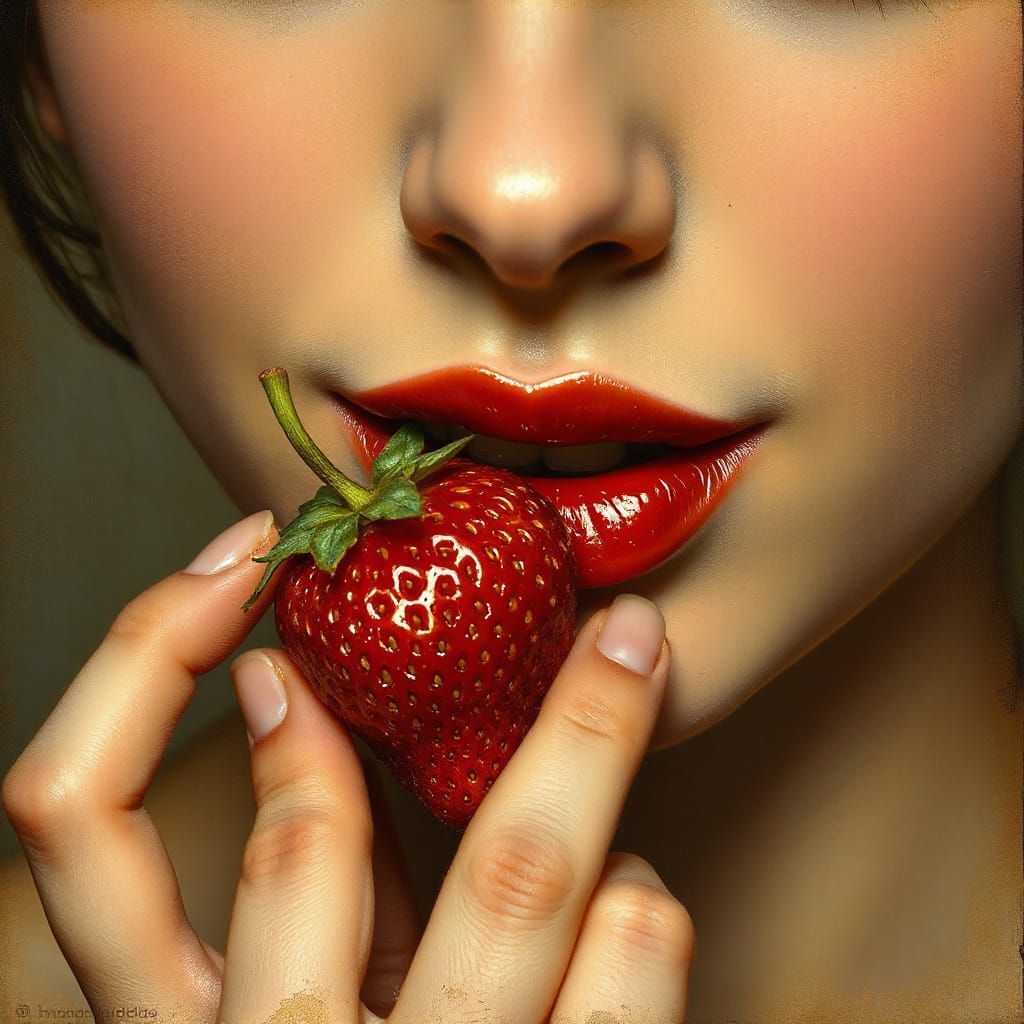 Lips Holding Strawberry, Blue Eyes Sparkling, Art Nouveau Re...