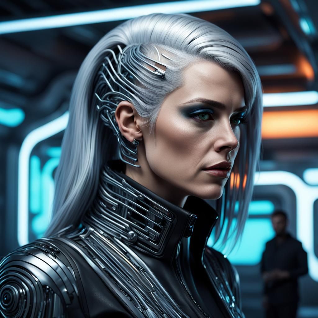 Cyberpunk Woman with Grey Hair in Futuristic Setting