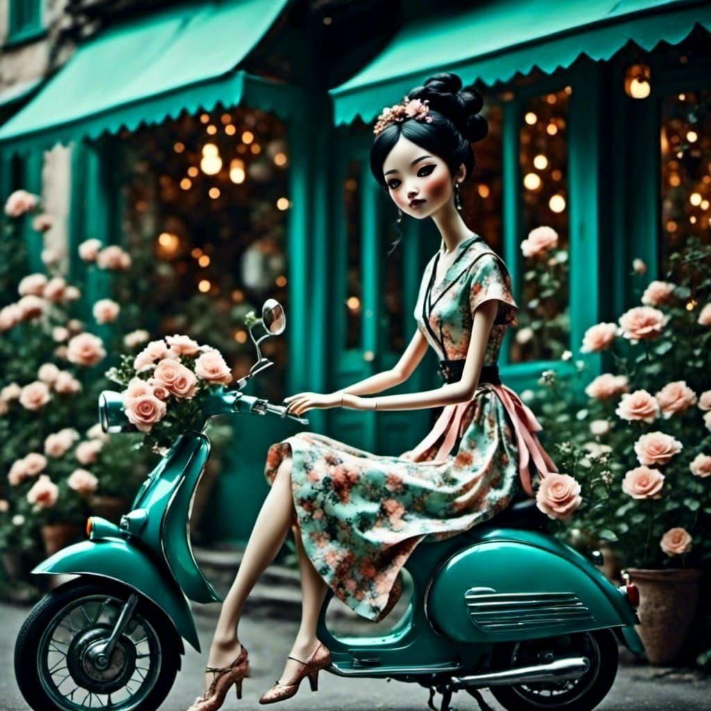 Japanese Doll on Vespa Outside Flower Shop