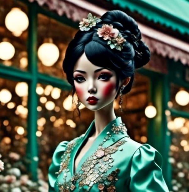 Japanese Doll on Vespa: Retro 3D Bokeh Photo