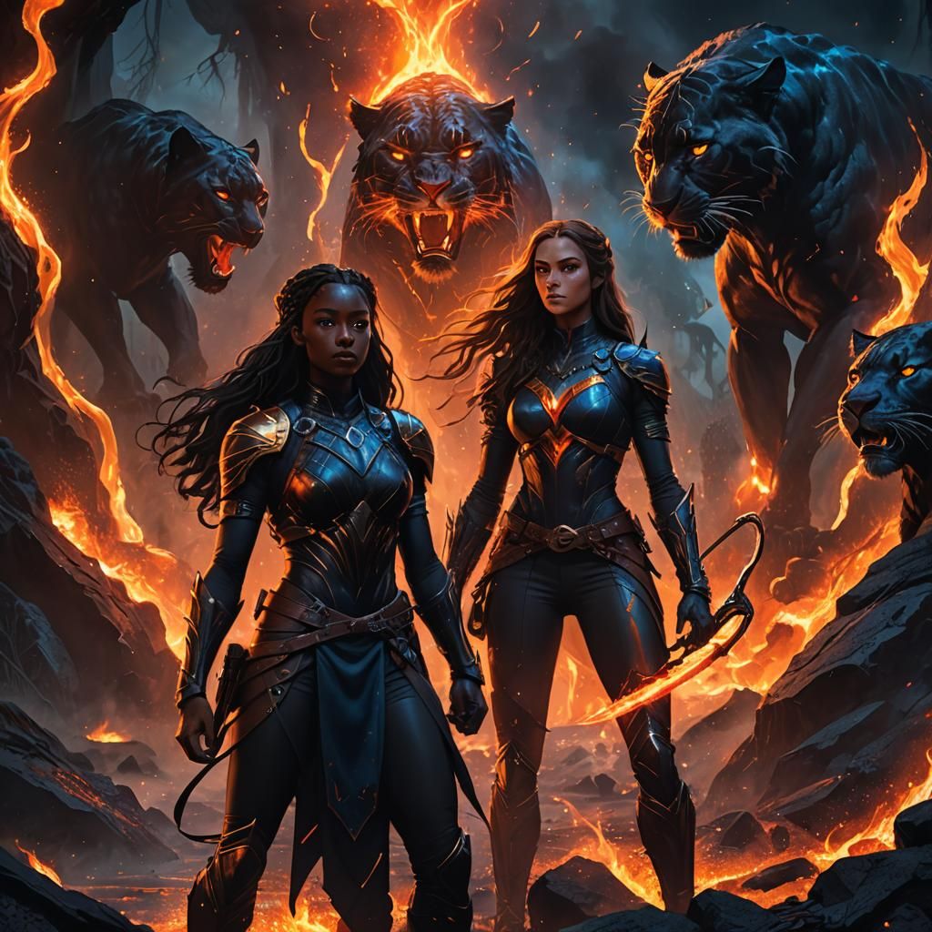 Elf and Lava Panther in Fiery Landscape