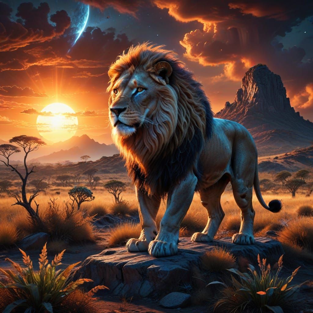 Majestic Lion on Alien Savanna Under Binary Sunset