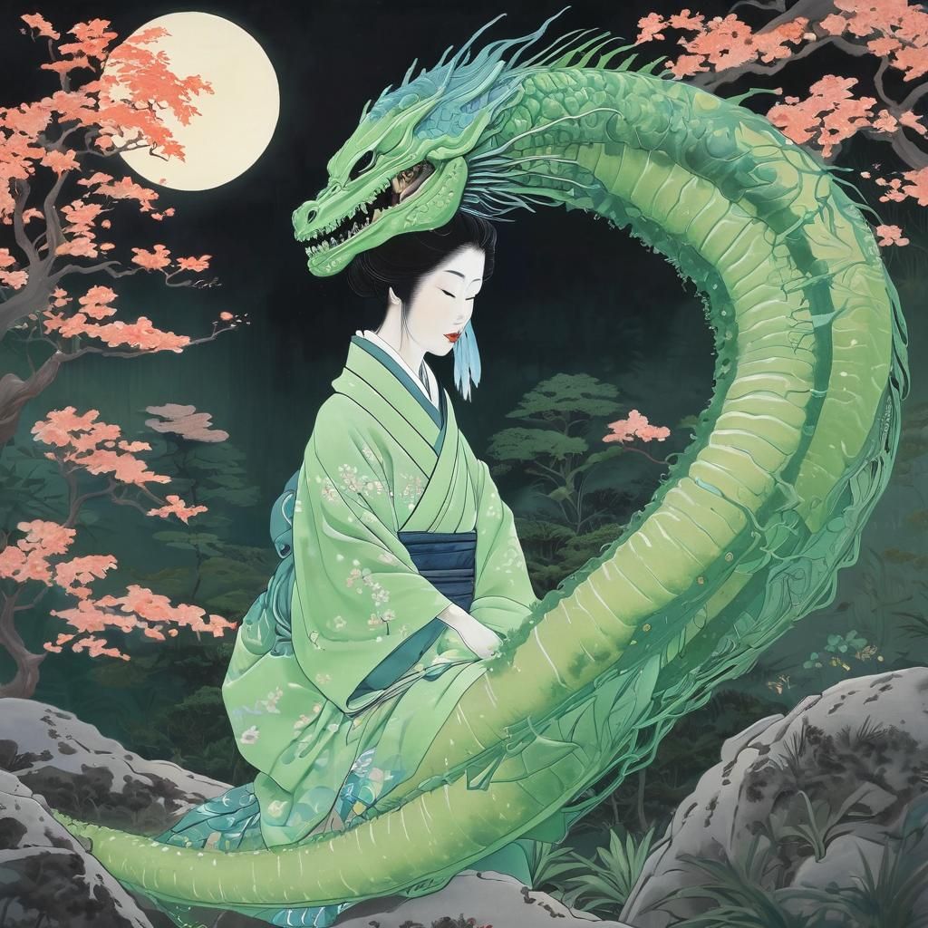 Geisha Rides Xenomorph: Ukiyo-e Style Painting