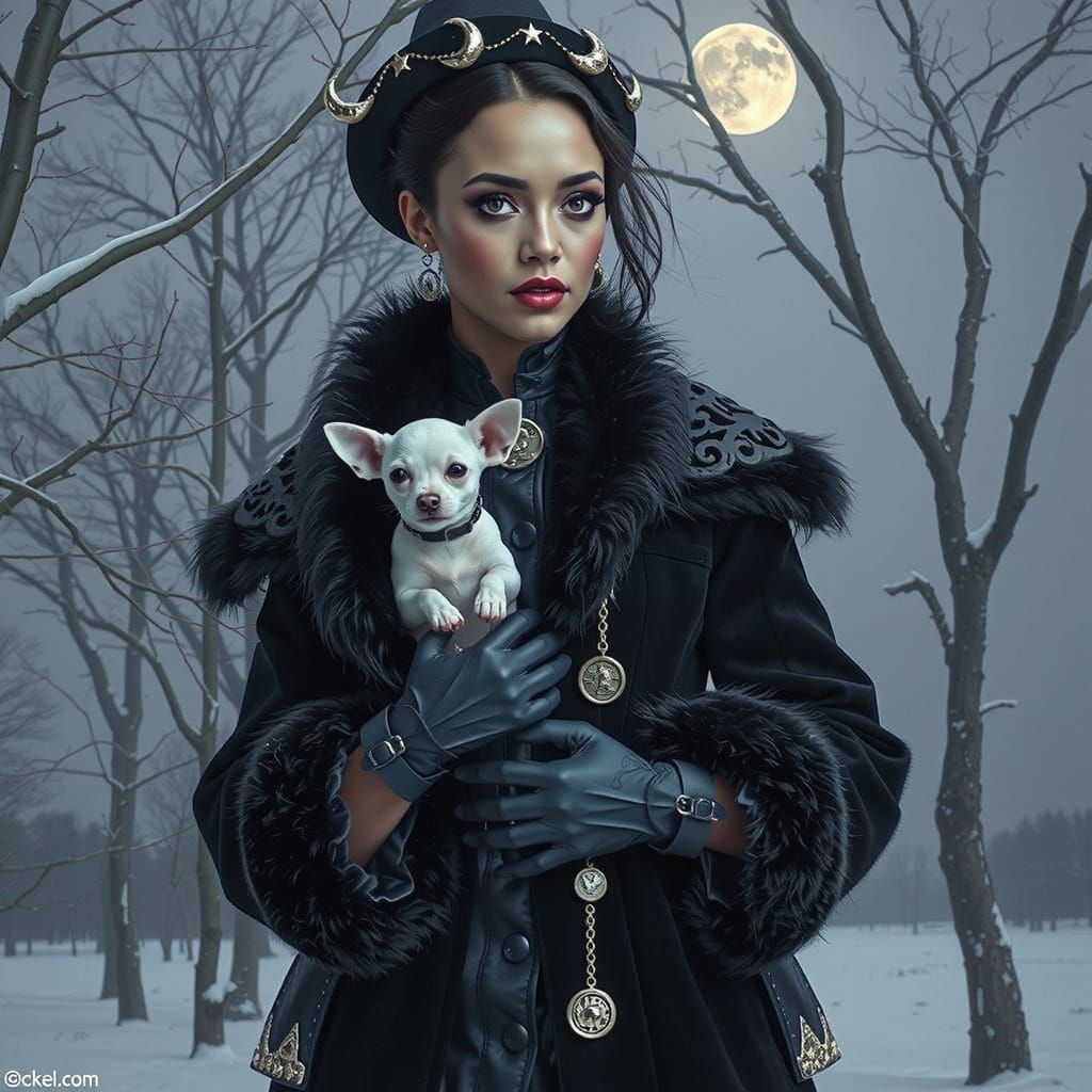 Gothic Woman Enchants Snowy Forest with Mystical Chihuahua