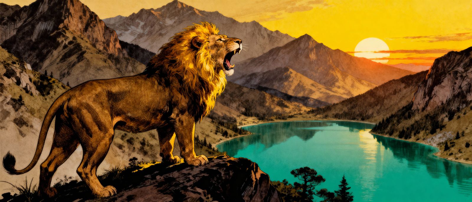 Lion's Majestic Roar at Mountain Lake Sunset