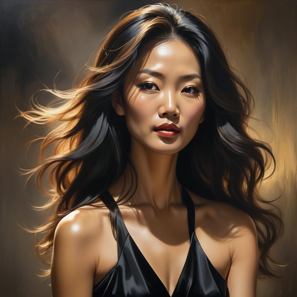 Asian Woman in Black Dress: Oil Painting Portrait