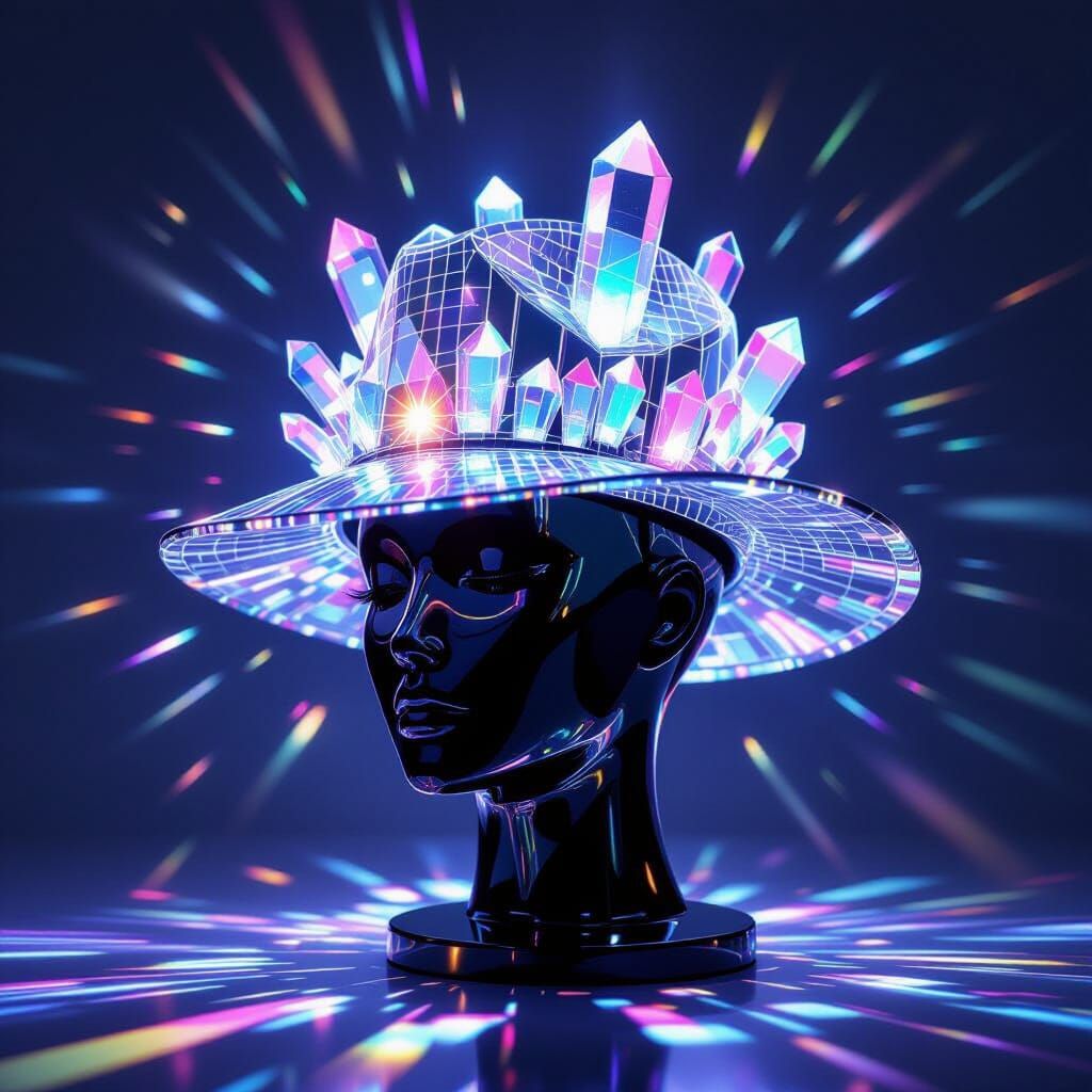 Futuristic Hat of Refracted Glass and Rainbow Light