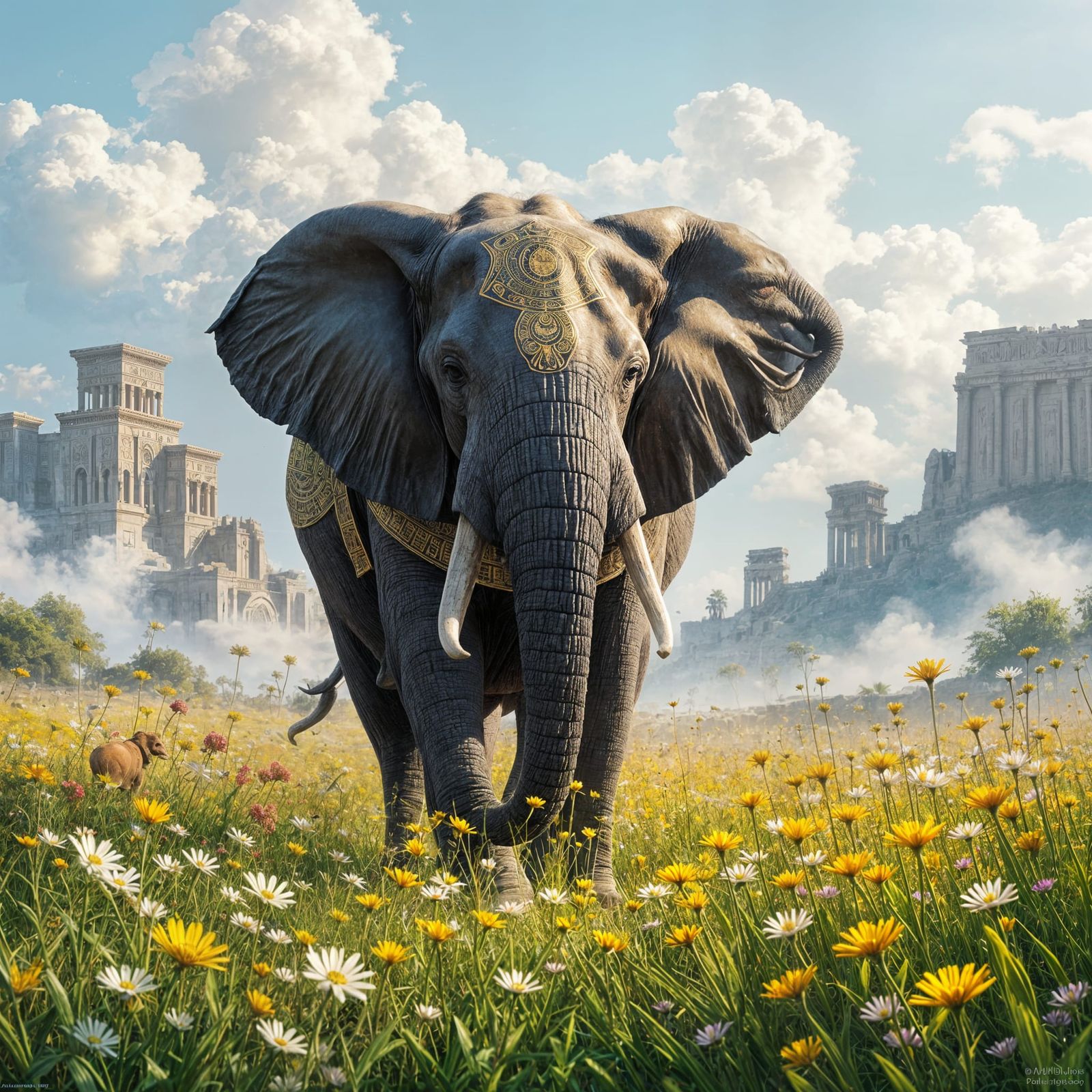 Majestic Elephant with Egyptian Hieroglyphs in Misty Lost Ci...