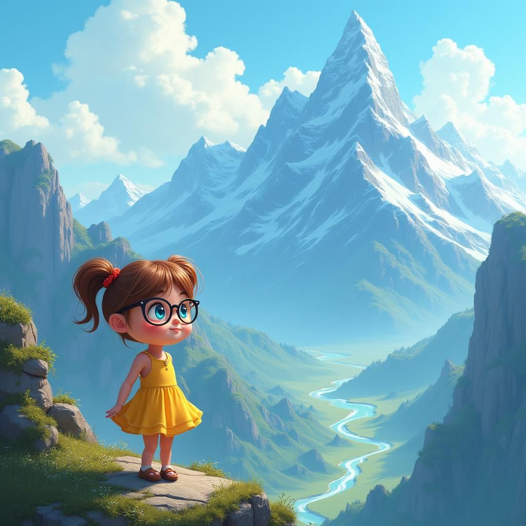 Cartoon Girl and Mystical Mountain Landscape