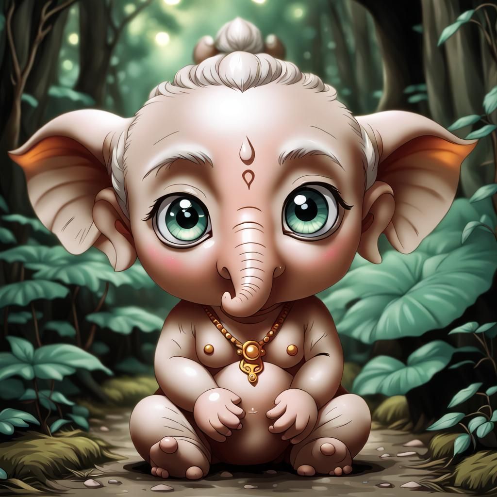 Chibi Ganesh in Ghibli Style with Big Eyes