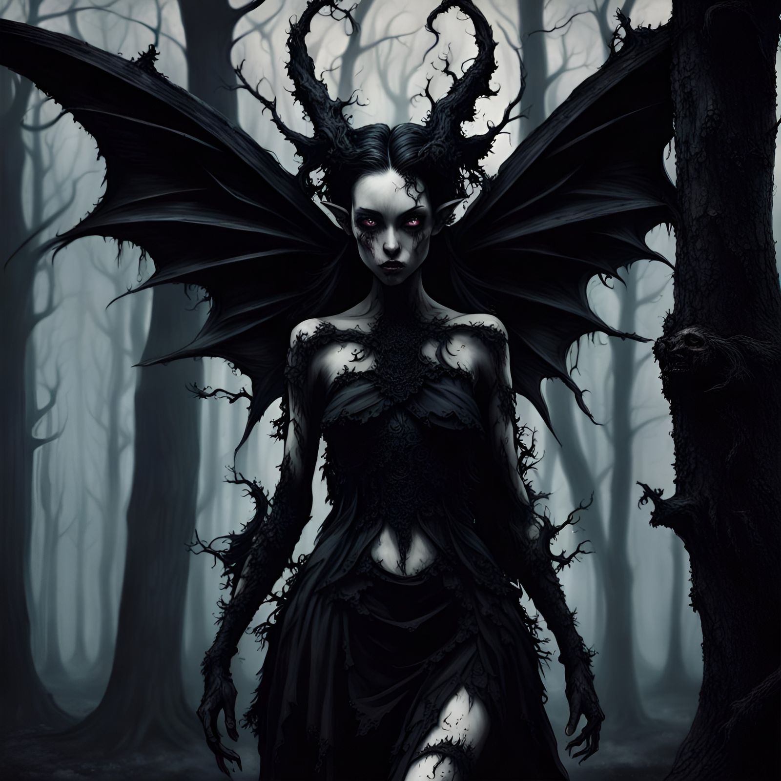 Gothic Demon Fairy in Decaying Forest