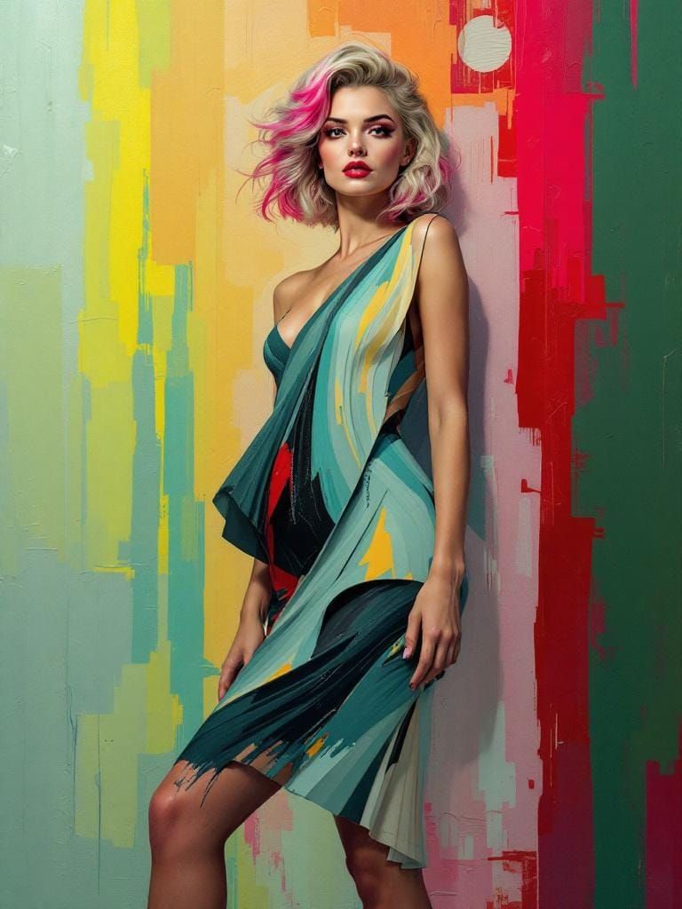 Pin-Up Woman in Impasto Style with Pink-Tipped Hair