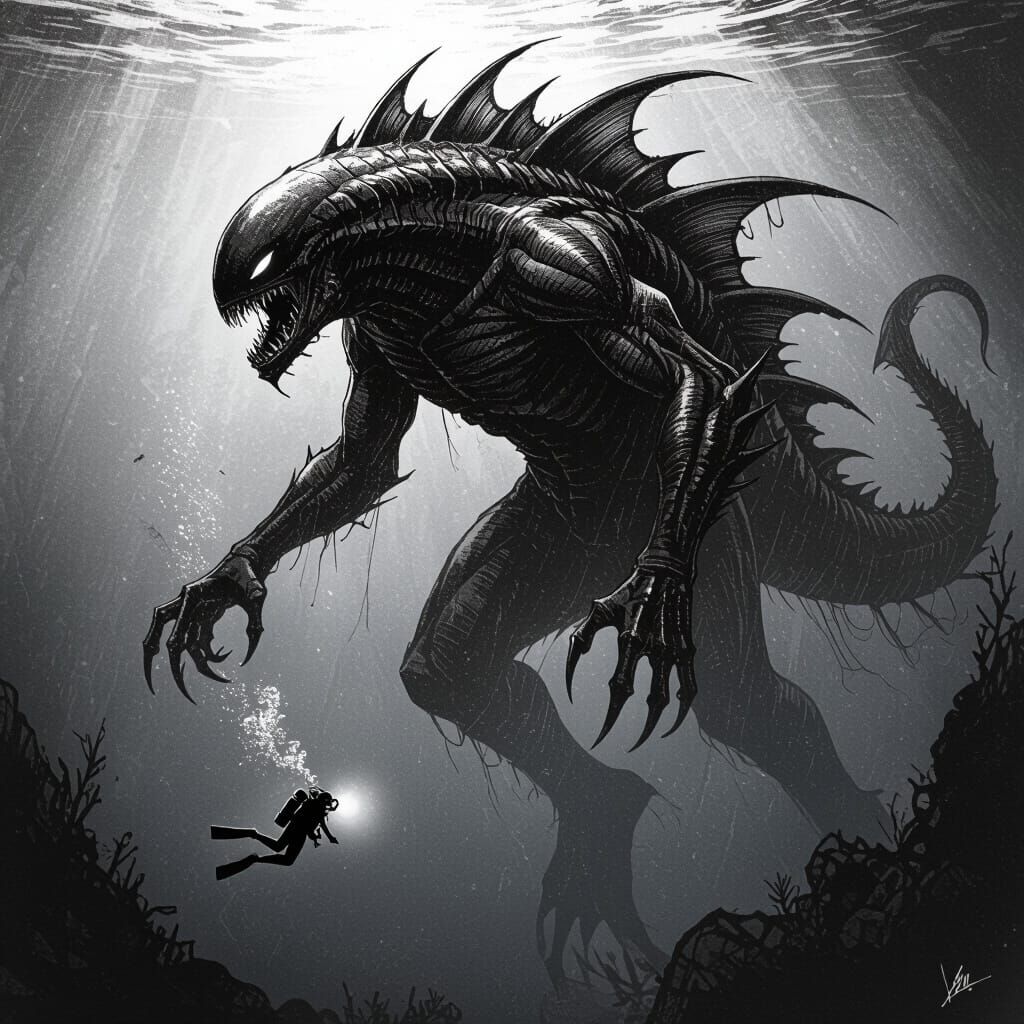 Terrifying Deep Sea Monster in B&W Pen and Ink Style