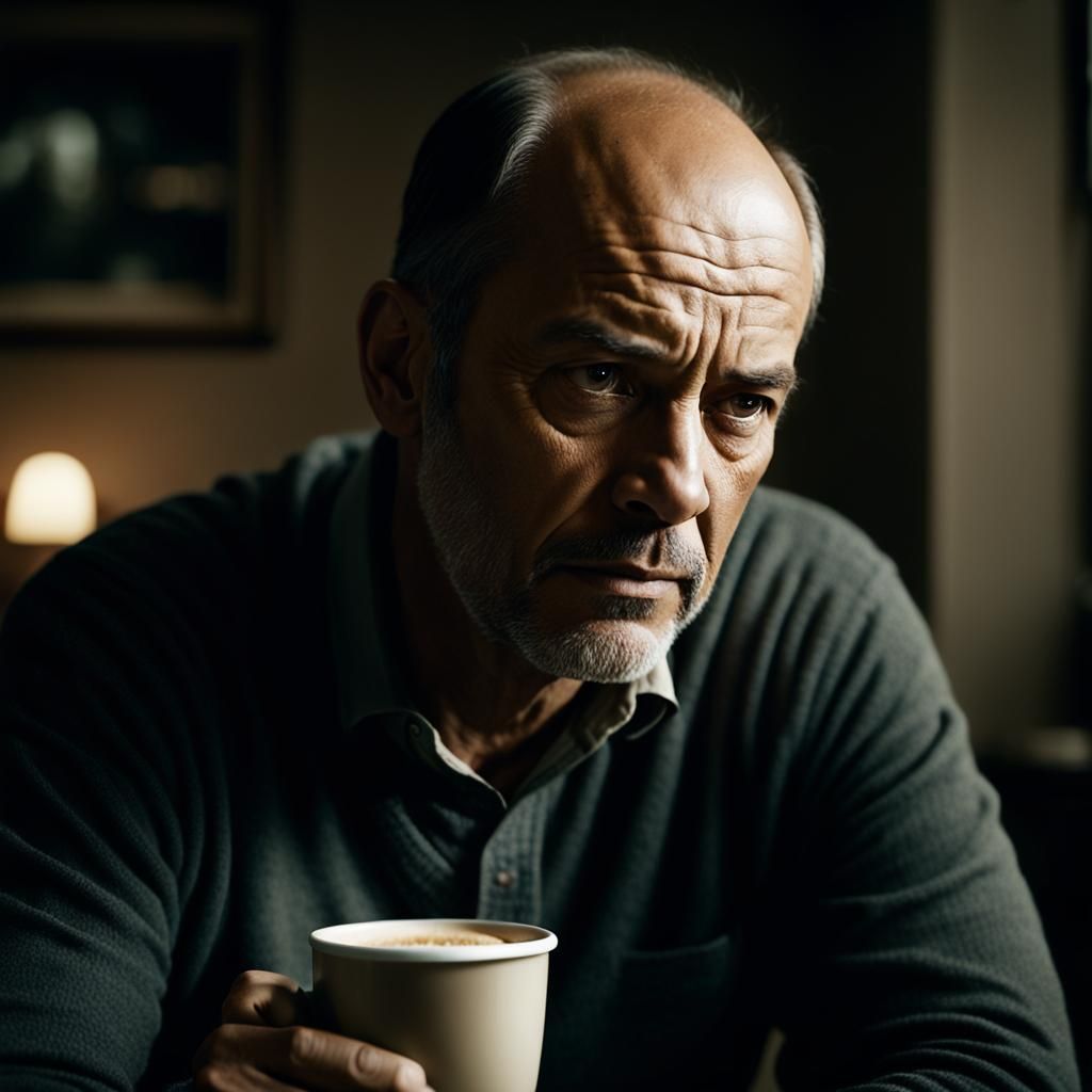 Sad Middle-Aged Man Meditating with Coffee
