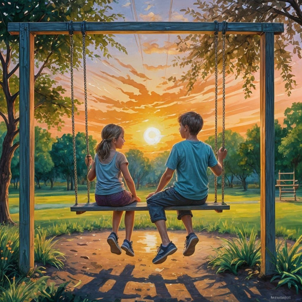 Two Childhood Friends Revisit Memories on a Sunset Swing Set