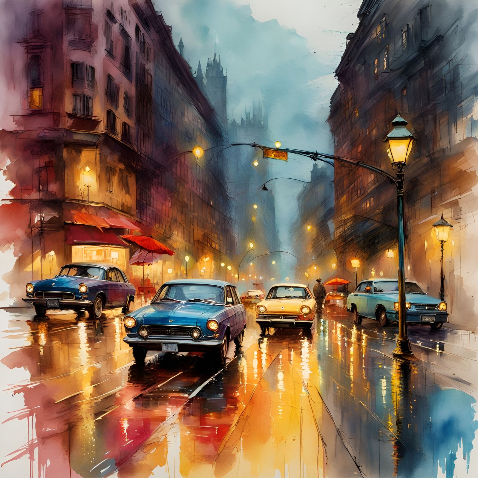 Rainy Cityscape with Reflections in Watercolor Style