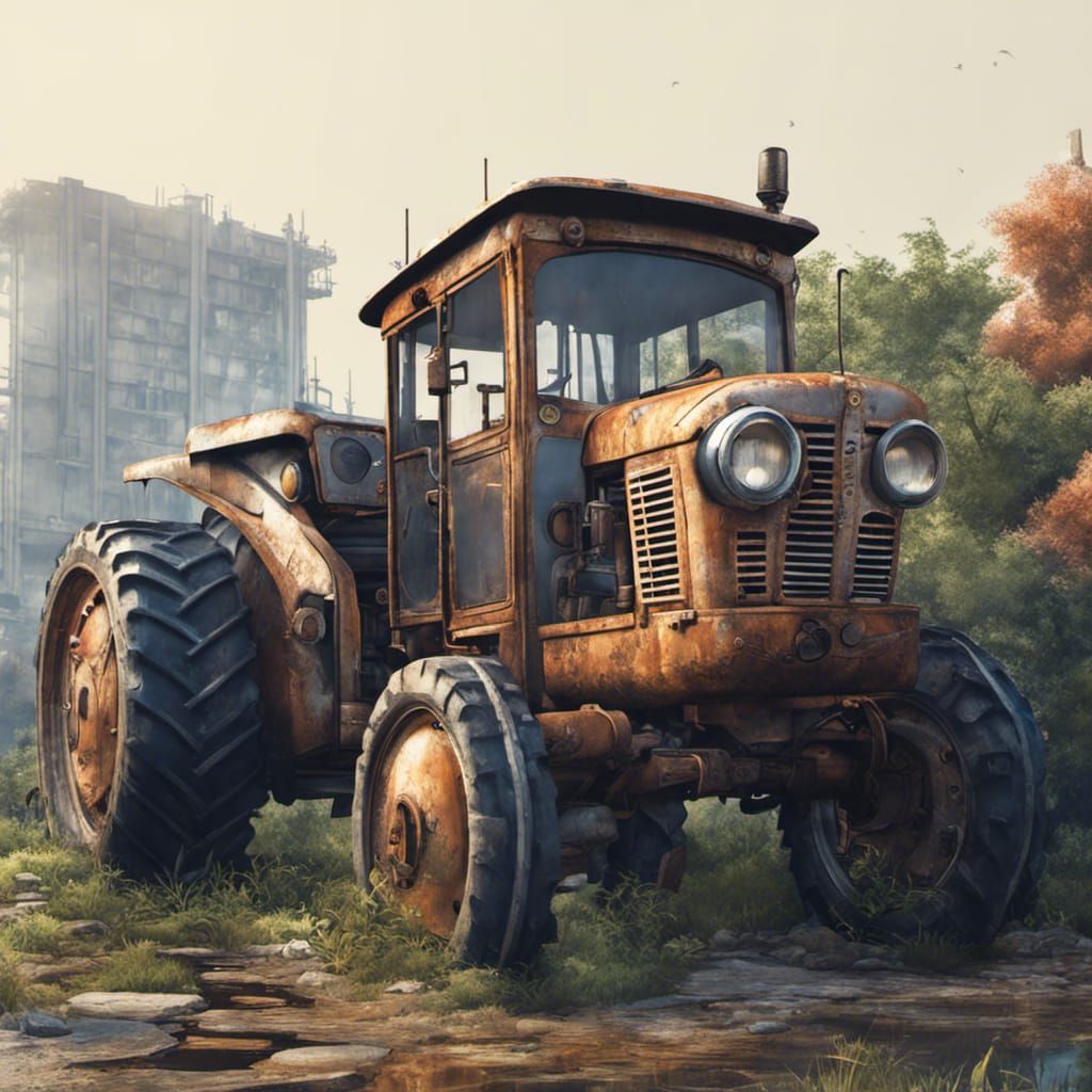 Cyberpunk Graffiti Tractor, Hyperrealistic Abandoned Scene