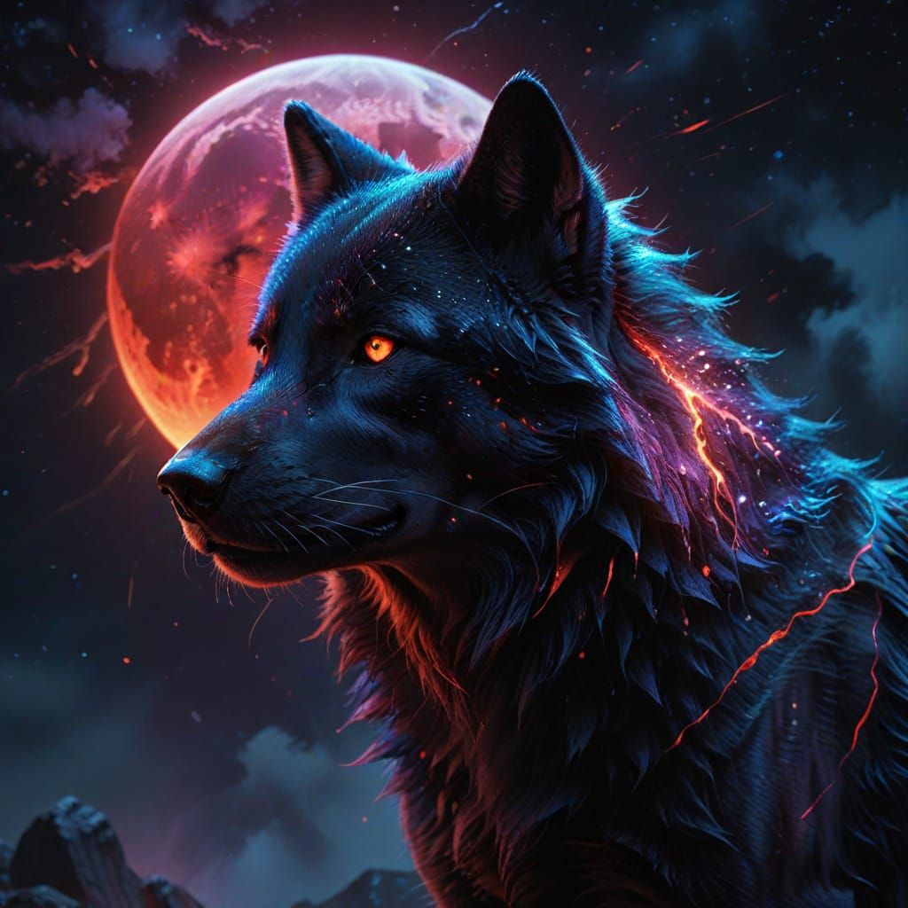 Hyper-Realistic Black Wolf in Cinematic Moonlit Scene