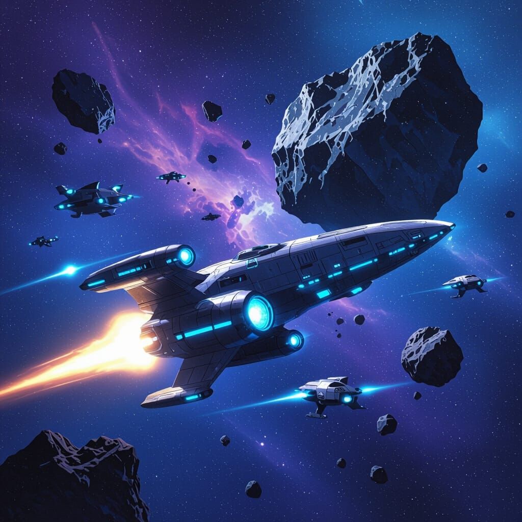 Futuristic Spaceship Fires Phasers at Asteroid