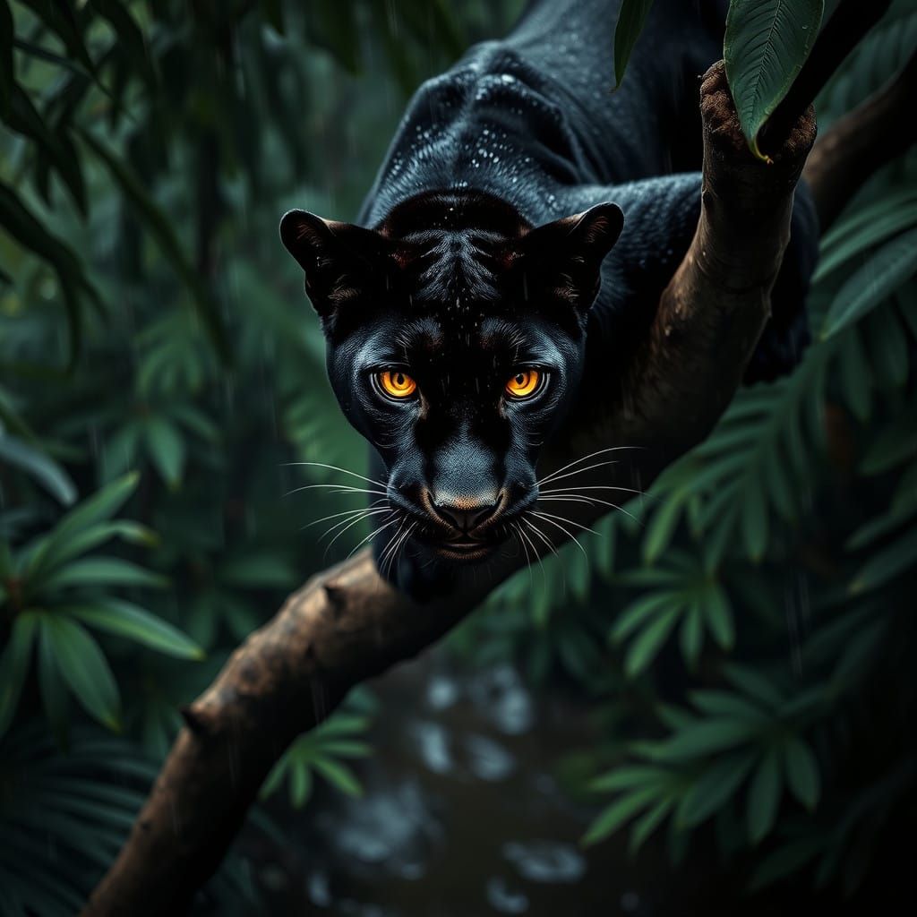 Sleek Black Panther in Rainy Jungle Splendor