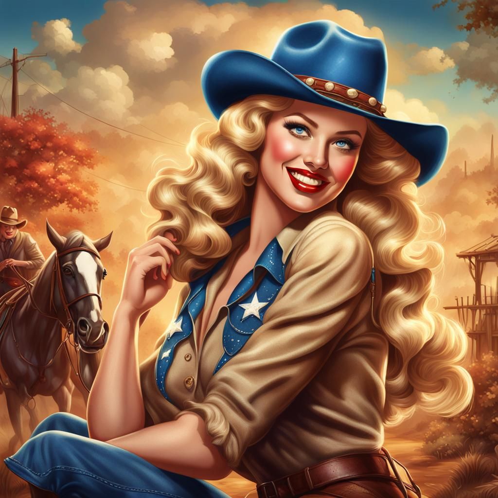 Voluptuous Cowgirl: 1940s Pinup Illustration