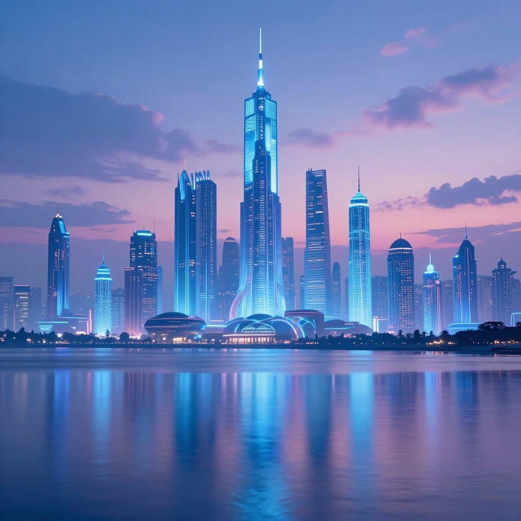 Surreal Azure Reverie Cityscape Glowing Towers in Twilight S...