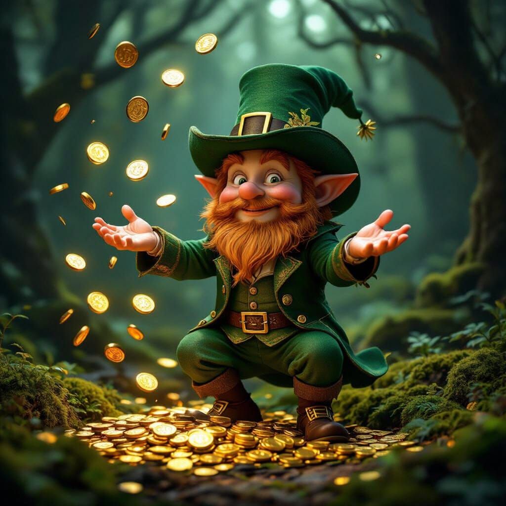 Leprechaun Juggling Gold Coins in Moody Forest