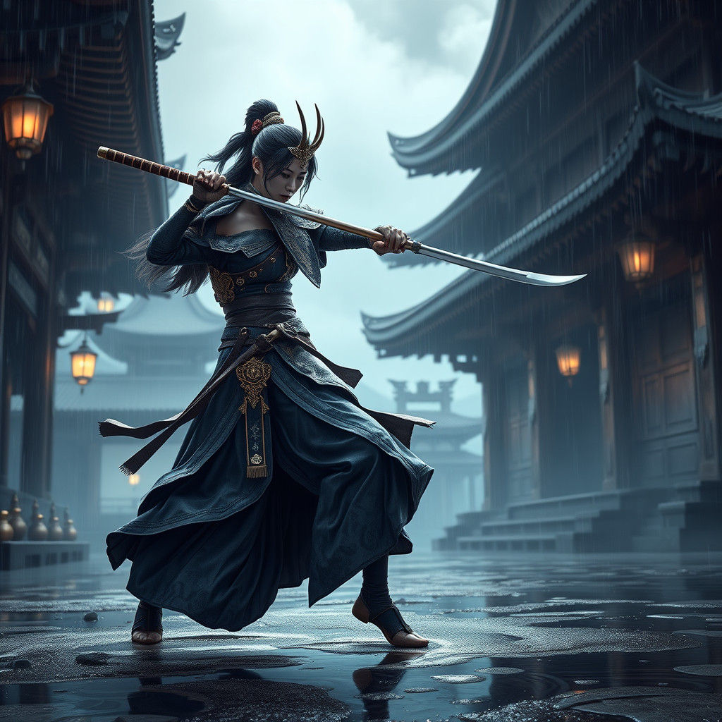 Samurai Warrior Swinging Naginata in Rain, Mystical Temples