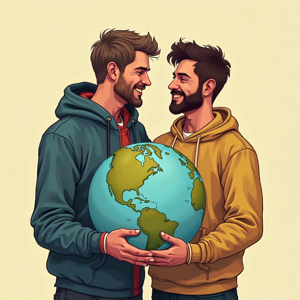 Men Embrace Globe in Digital Painting Style
