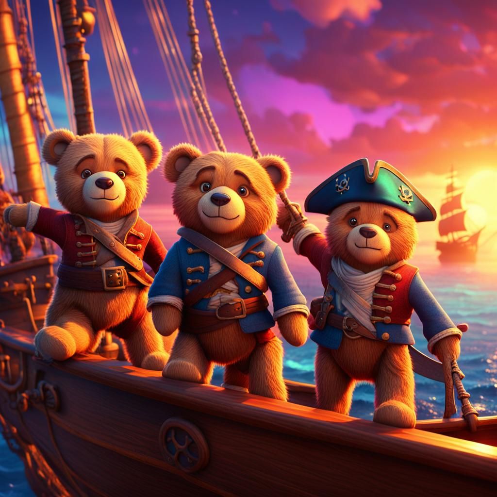 Teddy Bear Pirates on the High Seas: 3D Pixar Concept Art