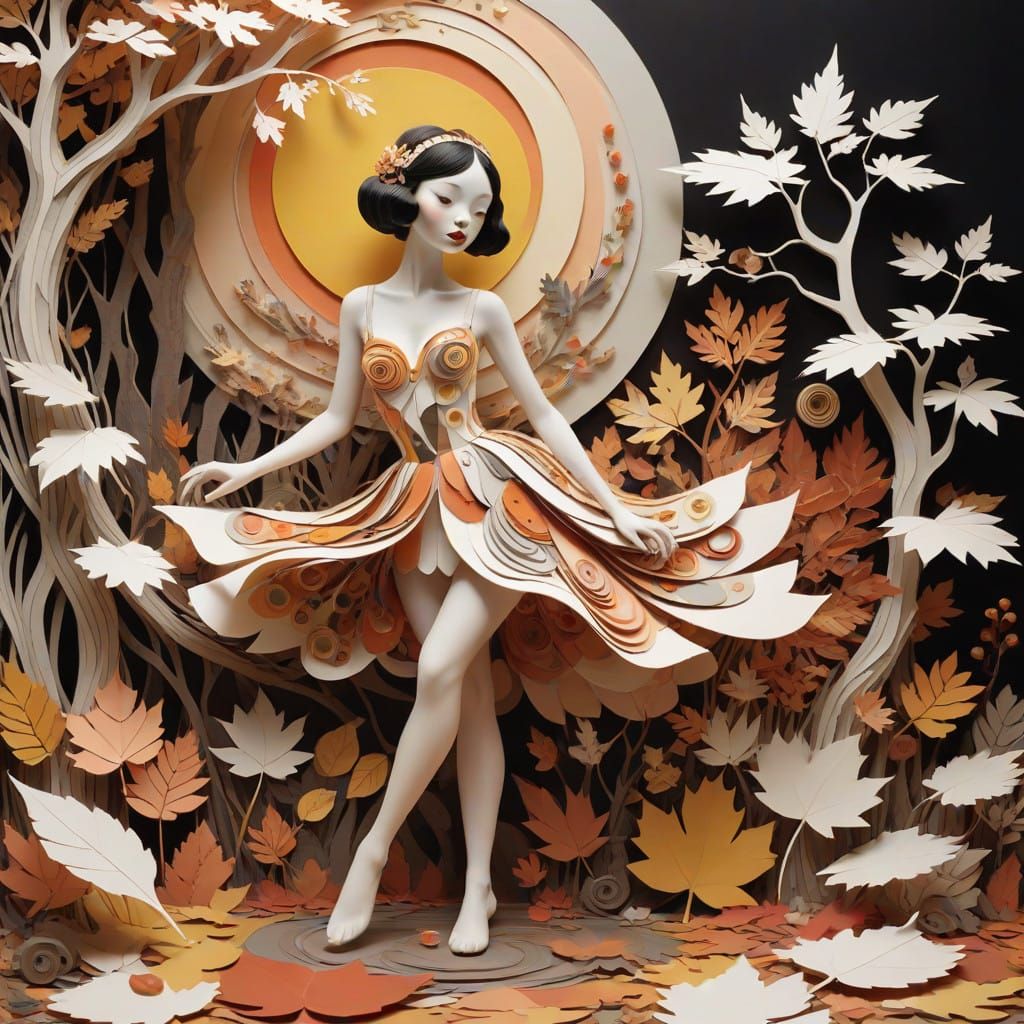 Autumnal Hyperreal Danseuse in Folk Art-Inspired Monochrome