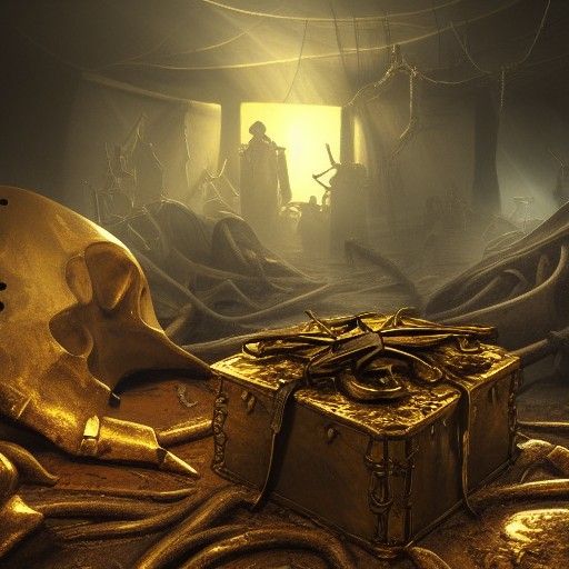 Golden Chest Atop Skeleton Heads, Hyper-Realistic